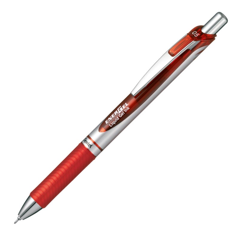 Pentel Energel Knock Ballpoint Pen, 0.5mm Needle Tip, Red Ink, Silver Body with Red Accent (BLN75Z-B) - Image 1
